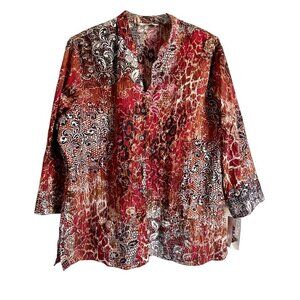 Alia Button Up 3/4 Sleeve Top Brown Red Floral Print Women's Size 16 NEW NWT